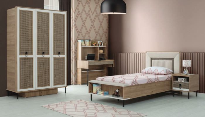 Kanner Miwwelen Set Kannerzëmmer Bett Kannerbett Brong Holz Set 4 Deeler