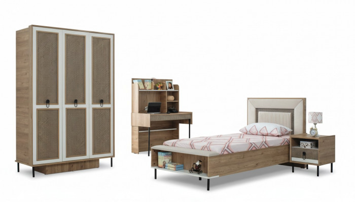 Kanner Miwwelen Set Kannerzëmmer Bett Kannerbett Brong Holz Set 4 Deeler