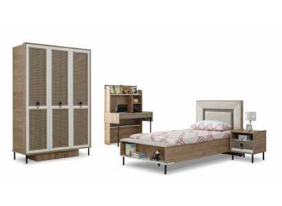Kanner Miwwelen Set Kannerzëmmer Bett Kannerbett Brong Holz Set 4 Deeler