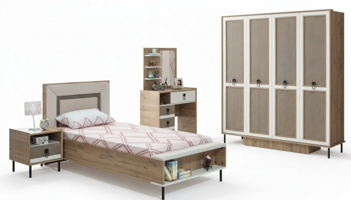 Set vu 5 Stécker: Gedeckte Kannerzëmmer Bett Kannerbett Kannermebel Braun Holz.