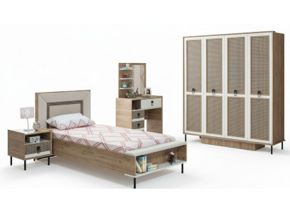 Set vu 5 Stécker: Gedeckte Kannerzëmmer Bett Kannerbett Kannermebel Braun Holz.