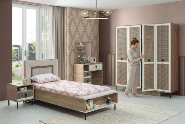 Schlofzëmmer Sets Jugendbett Kannerbett Braun Holz Set 5tlg Bett Modern