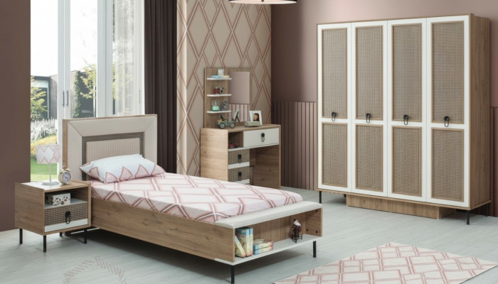 Schlofzëmmer Sets Jugendbett Kannerbett Braun Holz Set 5tlg Bett Modern