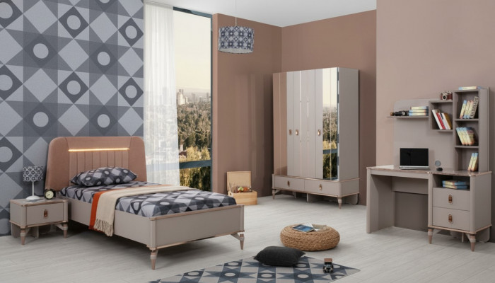 Komplett Kanner Miwwelen Meederchersbett aus Holz Set 4 Stéck Kannerzëmmer Beige