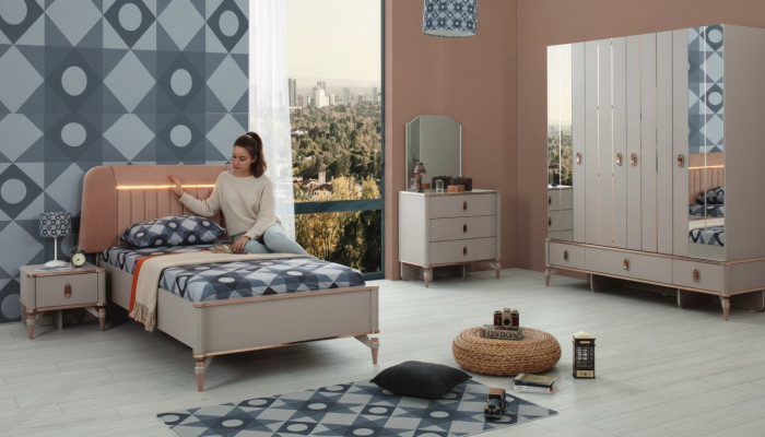 Kannerbett Kanner-Miwwelen Kannerbett Komplett Beige Holz Set 5-teileg Modern