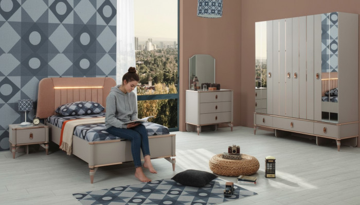 Komplett Jugendbett Kannermebel Kannerbett Beige Holz Set 5tlg Modern