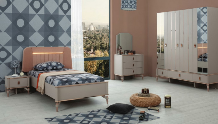 Komplett Jugendbett Kannermebel Kannerbett Beige Holz Set 5tlg Modern