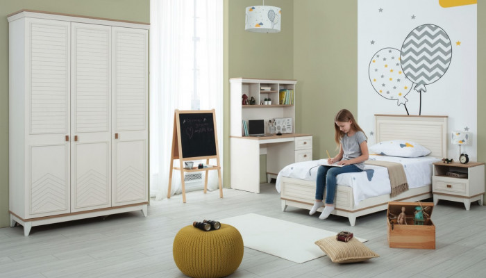Schlofzëmmer Sätz Jugendbett Kannerbett Wäiss Holz Set 4 Stéck Bett Modern