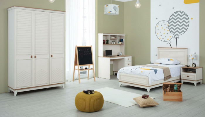 Schlofzëmmer Sätz Jugendbett Kannerbett Wäiss Holz Set 4 Stéck Bett Modern