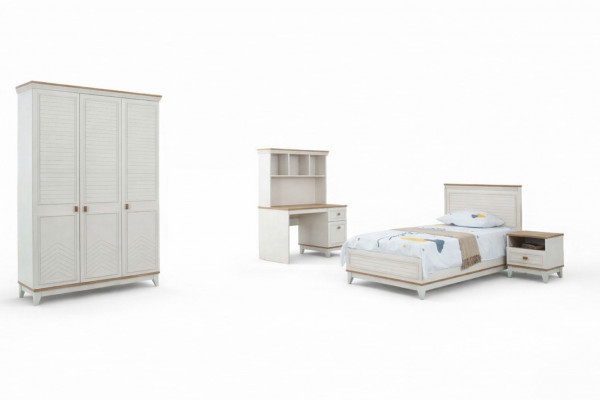 Schlofzëmmer Sätz Jugendbett Kannerbett Wäiss Holz Set 4 Stéck Bett Modern