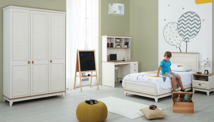 Kannerbetts Set Schlofzëmmer Jugendbett Wäiss Holz Garnitur 4-Stéck Bett