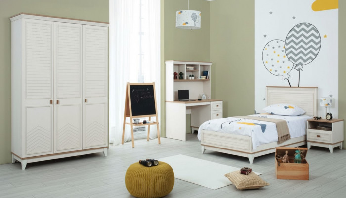 Kannerbetts Set Schlofzëmmer Jugendbett Wäiss Holz Garnitur 4-Stéck Bett
