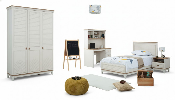 Kannerbetts Set Schlofzëmmer Jugendbett Wäiss Holz Garnitur 4-Stéck Bett
