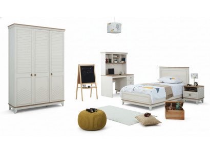 Kannerbetts Set Schlofzëmmer Jugendbett Wäiss Holz Garnitur 4-Stéck Bett