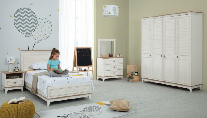 Komplett Jugendbett Kannermebel Kannerbett Wäiss Holz Set 5 Stéck Kommode