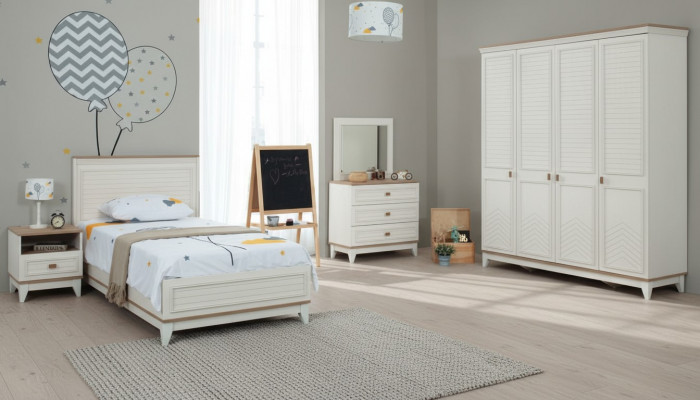 Komplett Jugendbett Kannermebel Kannerbett Wäiss Holz Set 5 Stéck Kommode