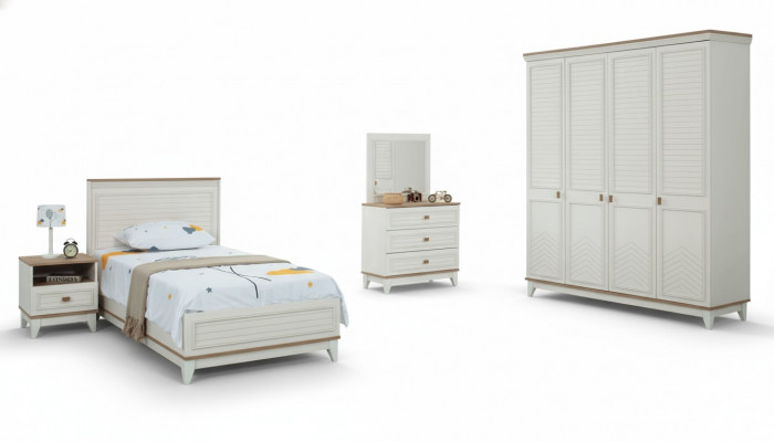Komplett Jugendbett Kannermebel Kannerbett Wäiss Holz Set 5 Stéck Kommode