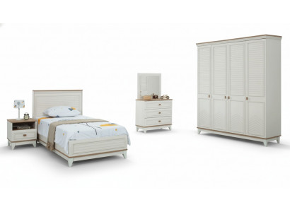 Komplett Jugendbett Kannermebel Kannerbett Wäiss Holz Set 5 Stéck Kommode