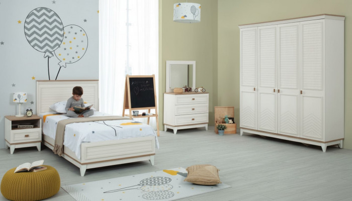 Ensemble Kannerzëmmer Bett Kannerbett Kannermiwwele Wäiss Holz Set 5 Stécker