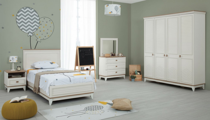 Ensemble Kannerzëmmer Bett Kannerbett Kannermiwwele Wäiss Holz Set 5 Stécker