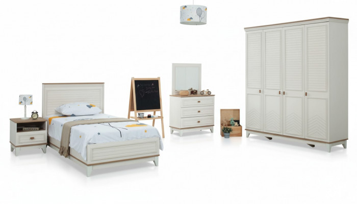 Ensemble Kannerzëmmer Bett Kannerbett Kannermiwwele Wäiss Holz Set 5 Stécker