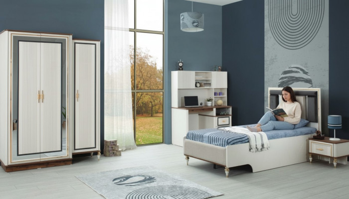 Kandeméiwel Kannerzëmmer Bett Kannerbett Wäiss Holz Set 4stéck Dëscher