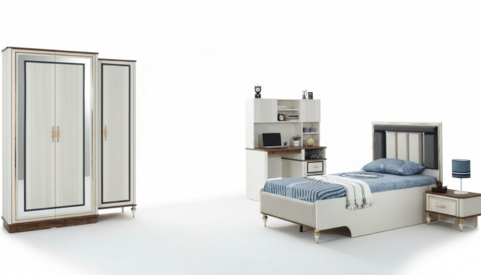 Kandeméiwel Kannerzëmmer Bett Kannerbett Wäiss Holz Set 4stéck Dëscher