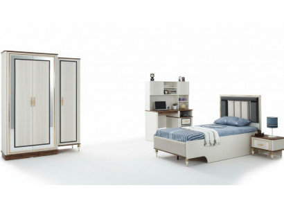 Kandeméiwel Kannerzëmmer Bett Kannerbett Wäiss Holz Set 4stéck Dëscher