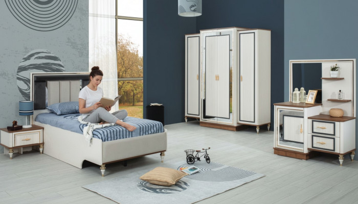 Schlofzëmmer Sets Jugendbett Kannerbett Wäiss Holz Set 5tlg Bett Modern