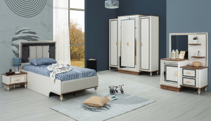 Schlofzëmmer Sets Jugendbett Kannerbett Wäiss Holz Set 5tlg Bett Modern