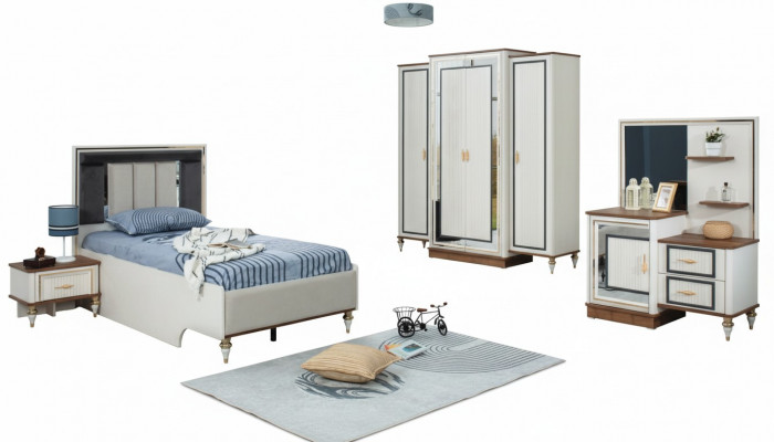 Schlofzëmmer Sets Jugendbett Kannerbett Wäiss Holz Set 5tlg Bett Modern
