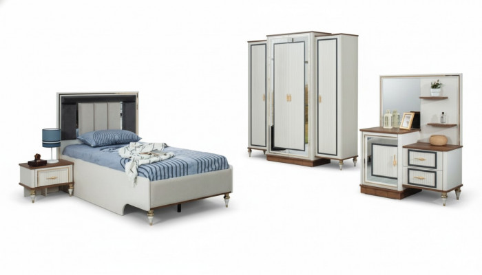 Set vu Kannerszëmmer: Bett, Kannerbett, Kannermeubel Set aus 5 Deeler a wäissem Holz.