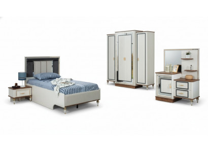 Set vu Kannerszëmmer: Bett, Kannerbett, Kannermeubel Set aus 5 Deeler a wäissem Holz.