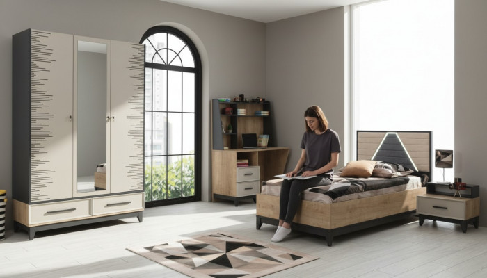 Kandermébel Jugendbett Kannerzëmmer Bett Kannerbett Braun Holz Set 4 Deeler