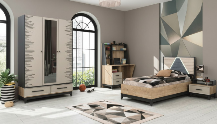 Kandermébel Jugendbett Kannerzëmmer Bett Kannerbett Braun Holz Set 4 Deeler