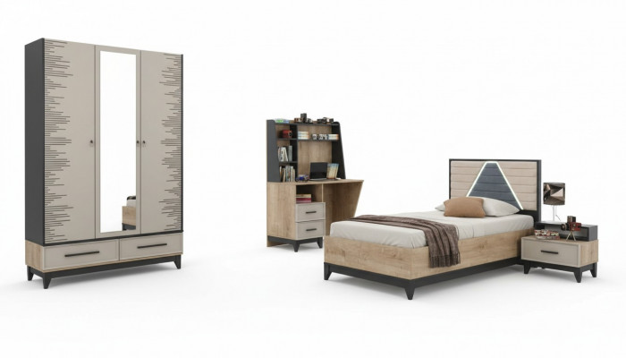 Kandermébel Jugendbett Kannerzëmmer Bett Kannerbett Braun Holz Set 4 Deeler