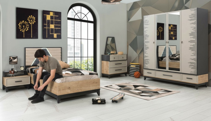 Garnitur Kannerzëmmer Bett Kannerbett brong Holz Sets Jugendbett 5-deelech