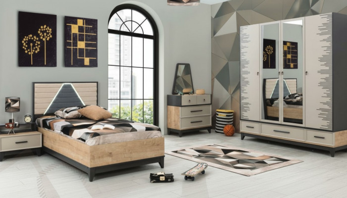 Garnitur Kannerzëmmer Bett Kannerbett brong Holz Sets Jugendbett 5-deelech