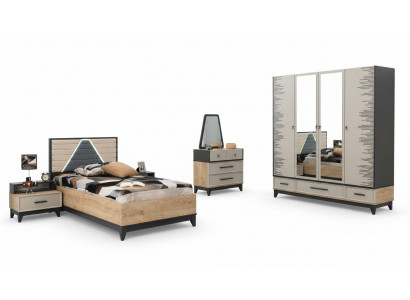 Garnitur Kannerzëmmer Bett Kannerbett brong Holz Sets Jugendbett 5-deelech