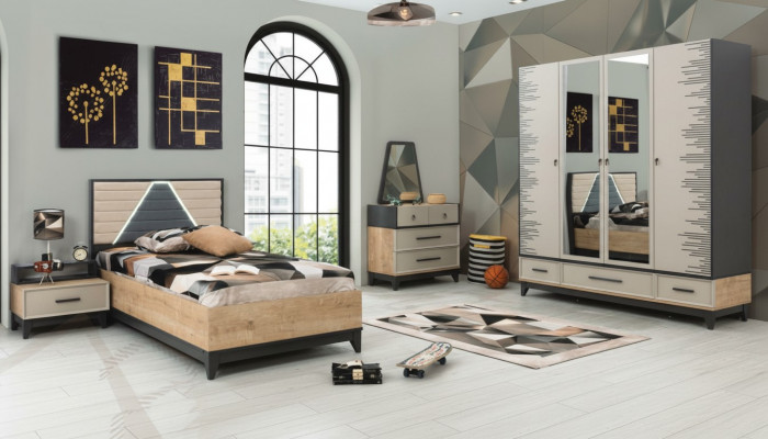Set Kannerzëmmer Bett Schaf Braun Holz Set Jugendbett 5tlg Miwwelen