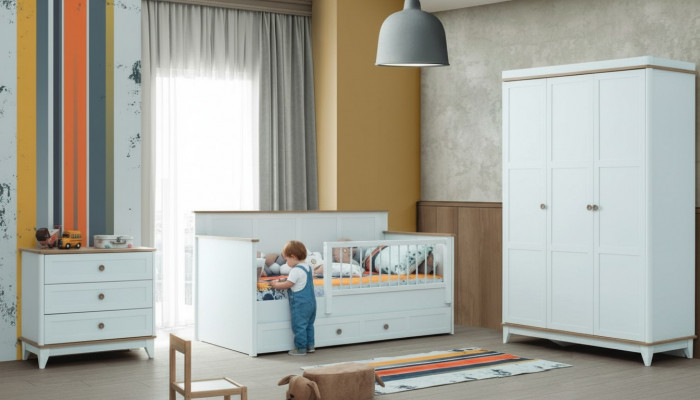 Kannerlafstall Kannerbettchen Garnitur Bettchen Wäiss Holz Set 3tlg