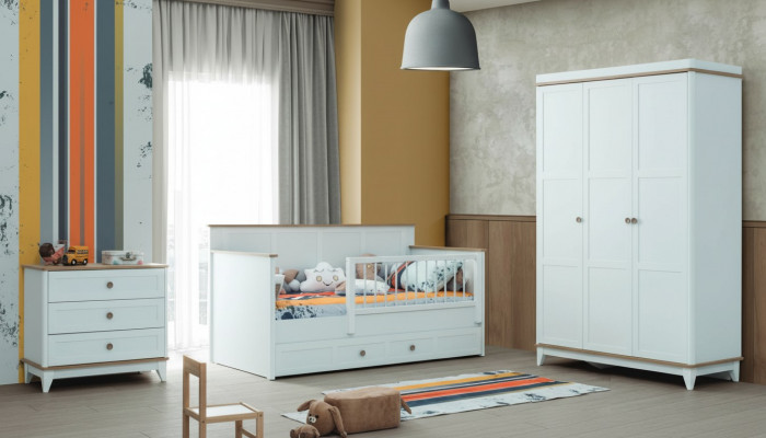 Kannerlafstall Kannerbettchen Garnitur Bettchen Wäiss Holz Set 3tlg
