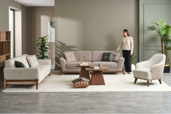 Gruppe Canapé Dräi-Sëtzer Fauteuil Sofa Stoff Beige Stoffcanapé Set 3tlg 3+3+1