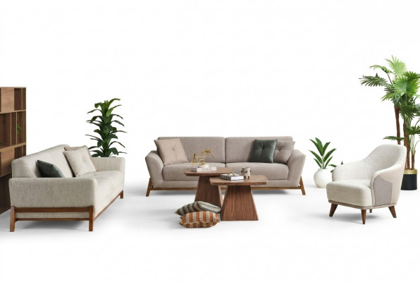 Gruppe Canapé Dräi-Sëtzer Fauteuil Sofa Stoff Beige Stoffcanapé Set 3tlg 3+3+1