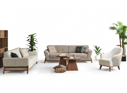 Gruppe Canapé Dräi-Sëtzer Fauteuil Sofa Stoff Beige Stoffcanapé Set 3tlg 3+3+1