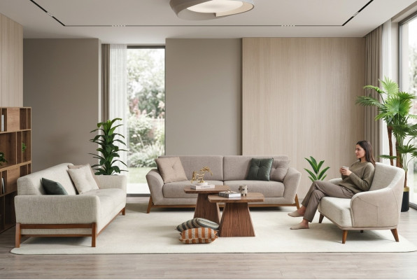 Canapé-Set Drësëtzeger Fotell Sofa Stoff Beige Stoffsofa Set 4 Deeler 3+3+1+1
