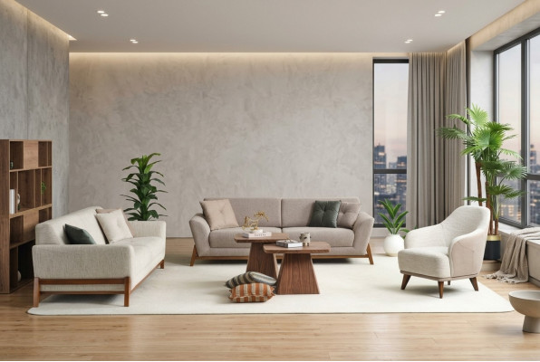 Canapé-Set Drësëtzeger Fotell Sofa Stoff Beige Stoffsofa Set 4 Deeler 3+3+1+1