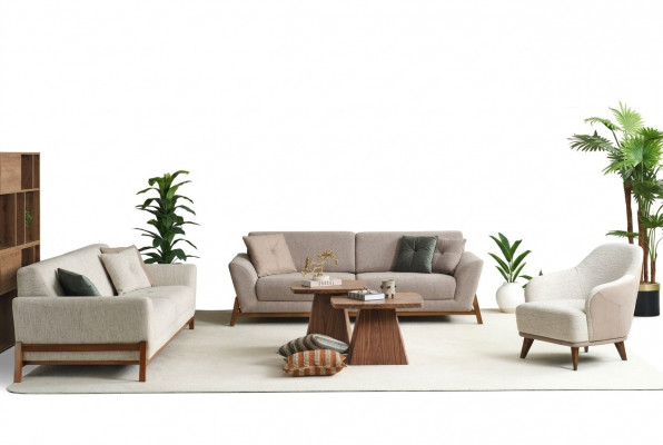 Canapé-Set Drësëtzeger Fotell Sofa Stoff Beige Stoffsofa Set 4 Deeler 3+3+1+1