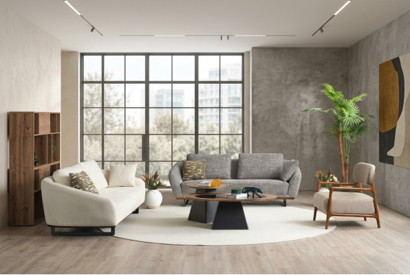 Canapé Set Dräi-Sëtzer Still Stoff Sofa Beige Stoffsofa Set Gro 3+3+1