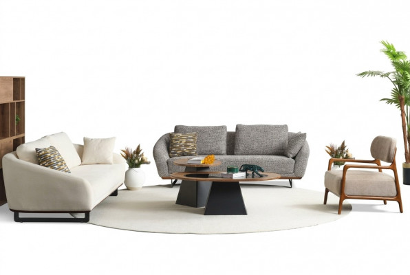 Canapé Set Dräi-Sëtzer Still Stoff Sofa Beige Stoffsofa Set Gro 3+3+1